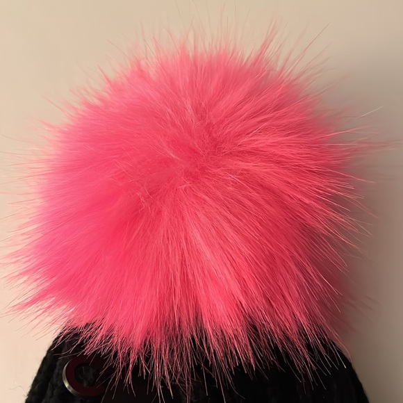 Black with neon pink puff ball beanie